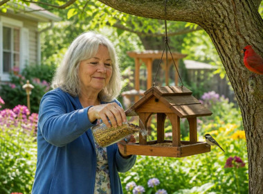 Elderly woman filling a cedar bird feeder in her sunny backyard garden with birds nearby