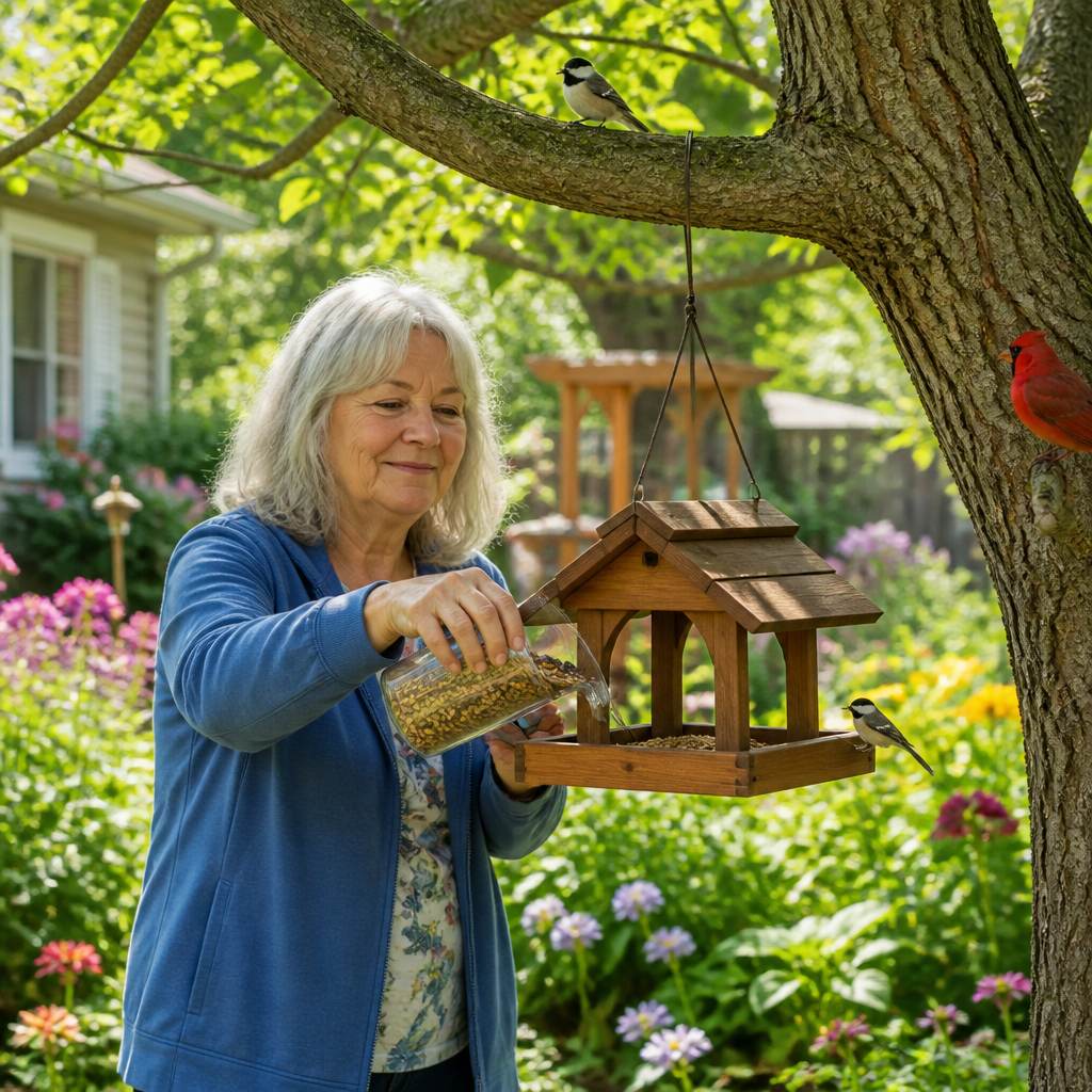Elderly woman filling a cedar bird feeder in her sunny backyard garden with birds nearby