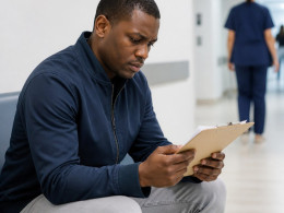 Man in hospital waiting area reading paperwork with concerned expression