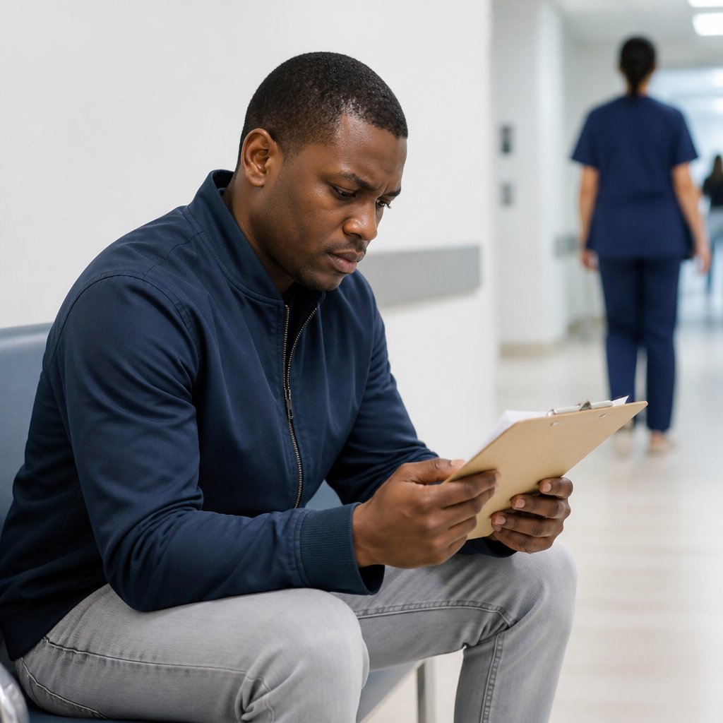 Man in hospital waiting area reading paperwork with concerned expression