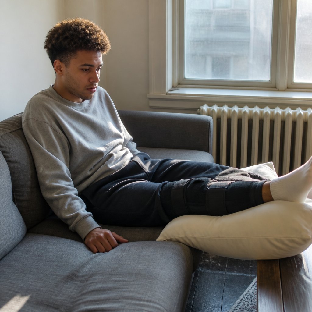 Young man with knee brace sitting on couch, looking worried while holding phone beside him.