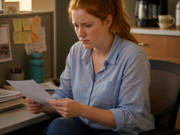 A woman in an office break room examining her pay stub with a confused look.