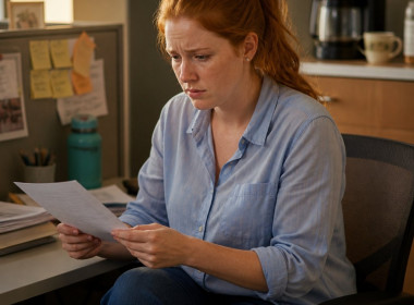 A woman in an office break room examining her pay stub with a confused look.
