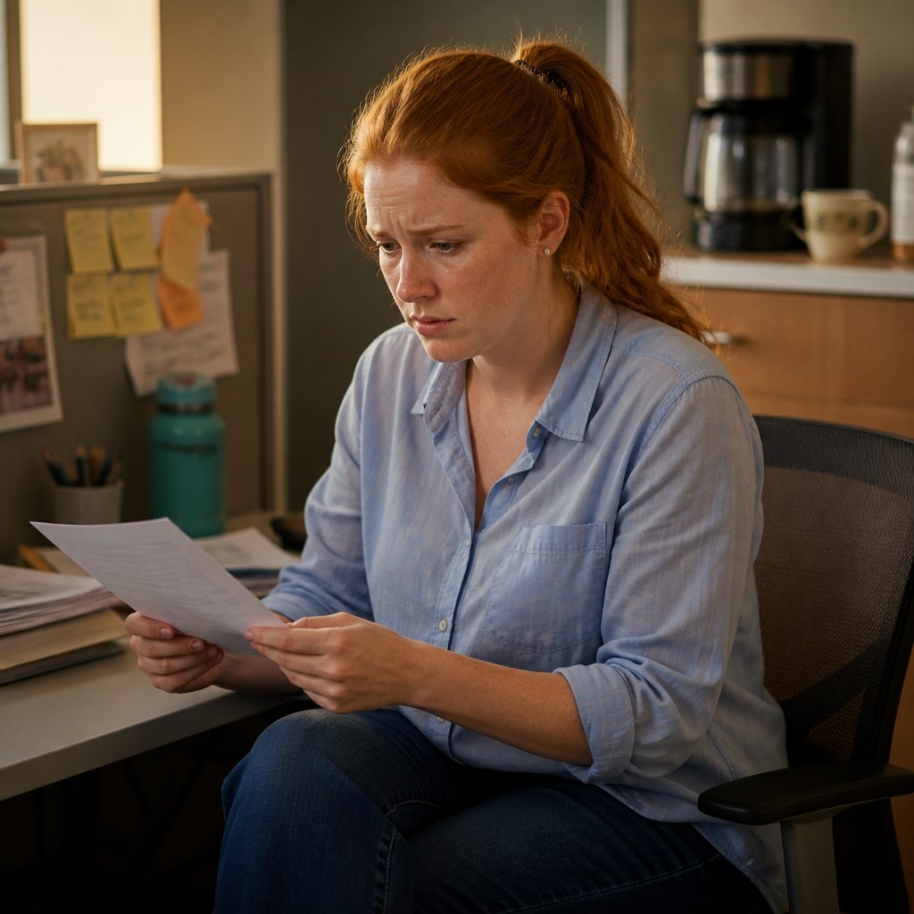 A woman in an office break room examining her pay stub with a confused look.