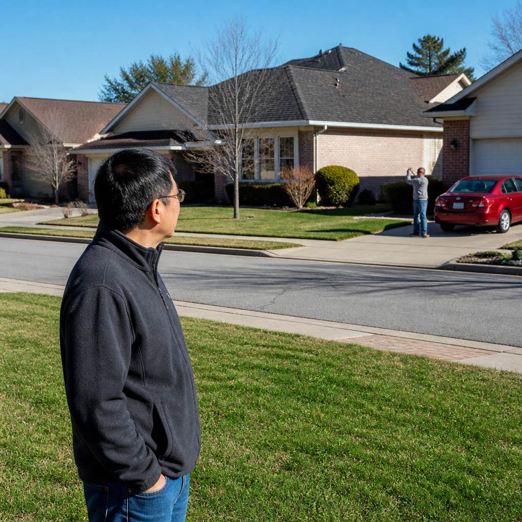 Man on lawn watching neighbor filming rooftop solar panels from driveway.