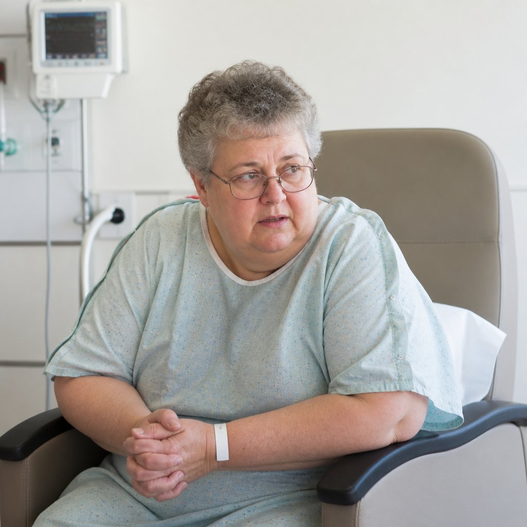 Concerned patient in hospital gown sitting in recovery room recliner.