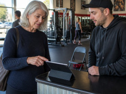 A middle-aged woman hesitates before signing a tablet at a gym reception.