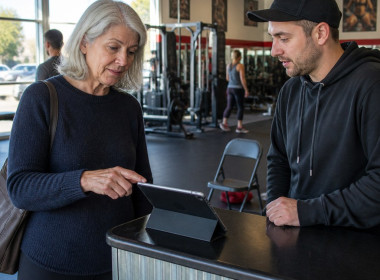 A middle-aged woman hesitates before signing a tablet at a gym reception.
