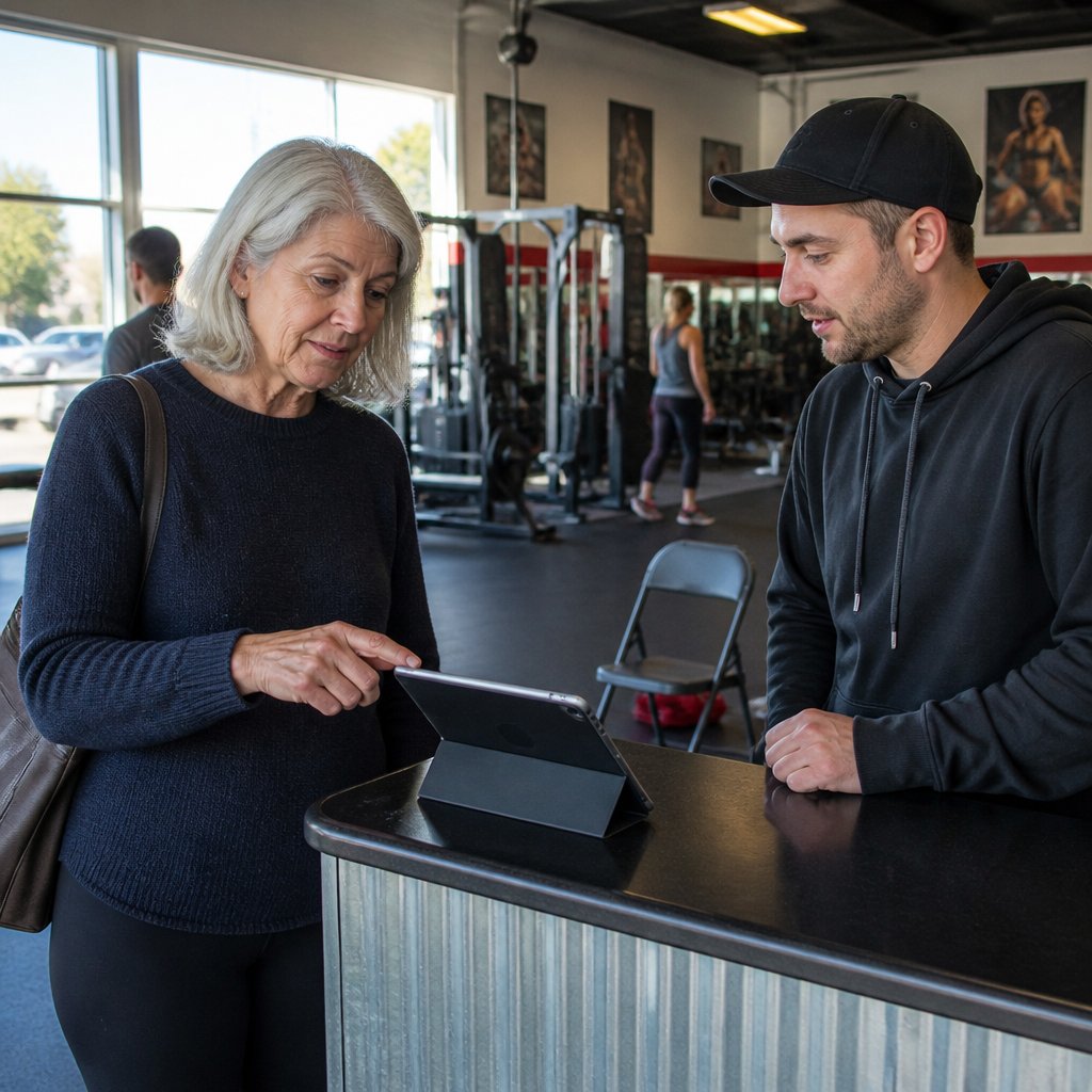 A middle-aged woman hesitates before signing a tablet at a gym reception.