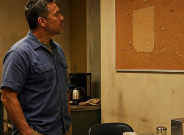 Man in blue work shirt looking at empty corkboard in break room