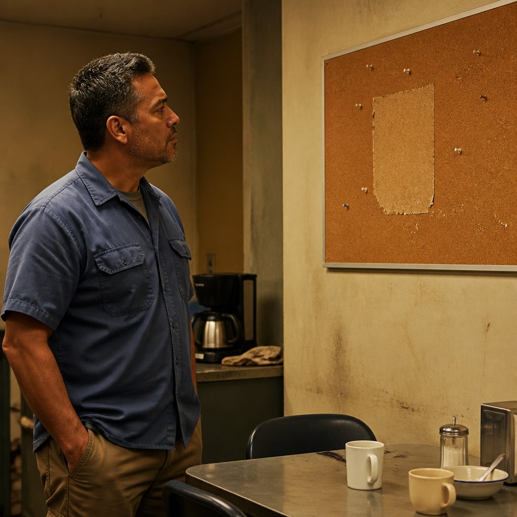 Man in blue work shirt looking at empty corkboard in break room