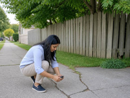 Woman photographing hairline crack in driveway near large maple tree at property line.
