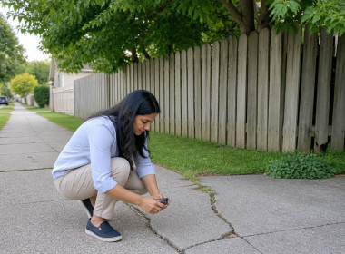 Woman photographing hairline crack in driveway near large maple tree at property line.
