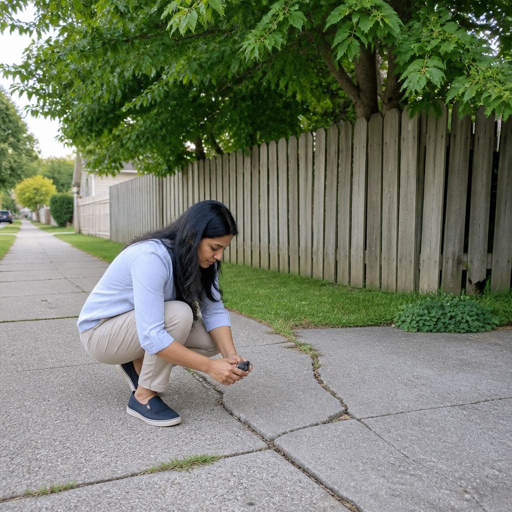 Woman photographing hairline crack in driveway near large maple tree at property line.