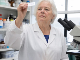 Older white woman in lab coat inspecting stained slide in pathology lab