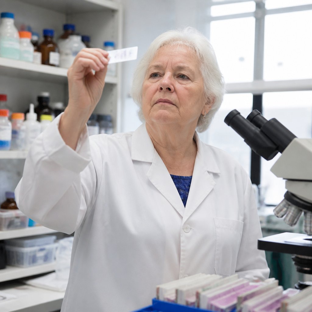 Older white woman in lab coat inspecting stained slide in pathology lab