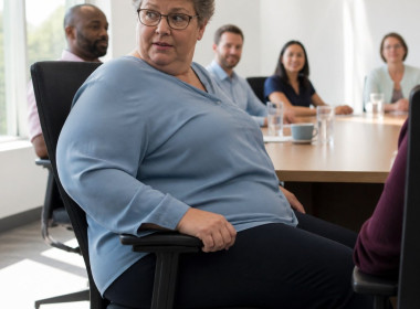 Woman sitting in an office conference room as a smart chair adjusts her posture during a rollout demonstration.