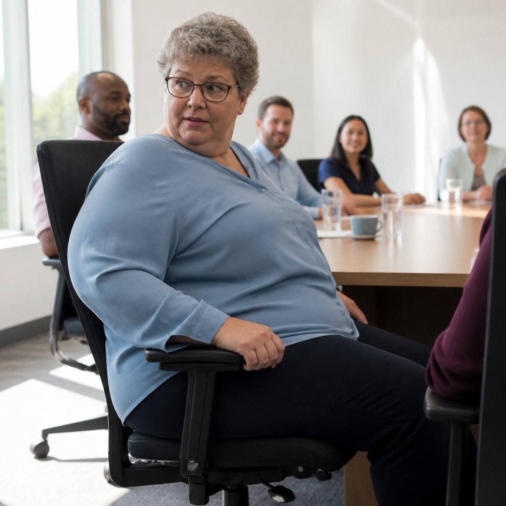 Woman sitting in an office conference room as a smart chair adjusts her posture during a rollout demonstration.