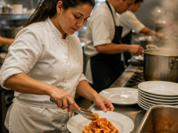 Woman working confidently at a busy restaurant kitchen line plating pasta