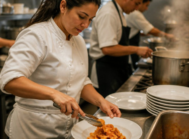 Woman working confidently at a busy restaurant kitchen line plating pasta