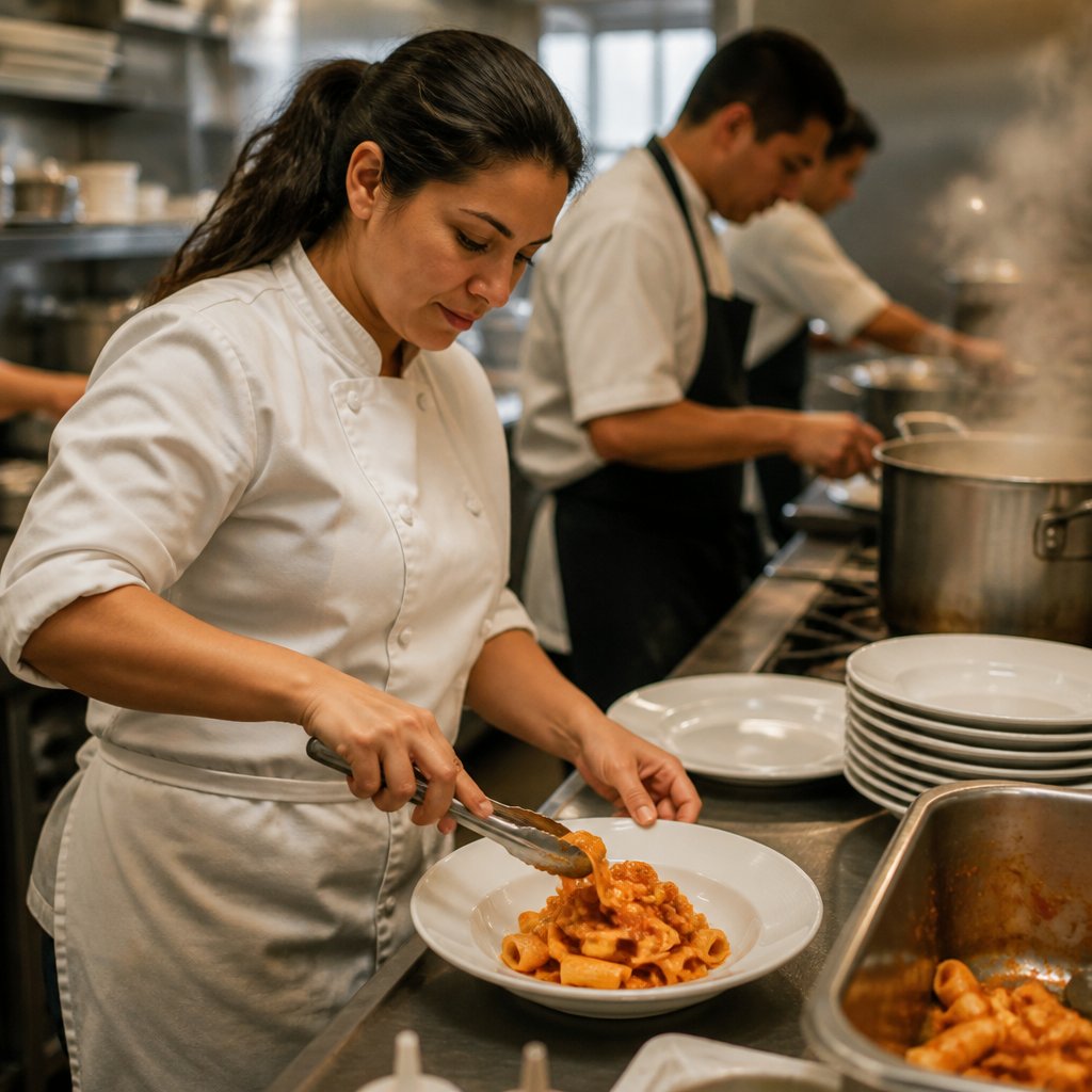 Woman working confidently at a busy restaurant kitchen line plating pasta