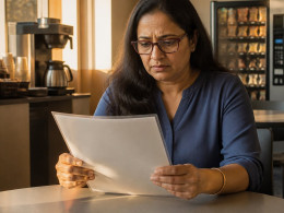 A South Asian woman reading a company policy notice in a break room, looking tense.