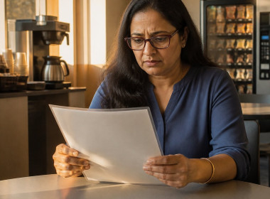 A South Asian woman reading a company policy notice in a break room, looking tense.