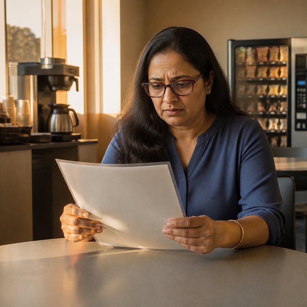 A South Asian woman reading a company policy notice in a break room, looking tense.