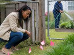 Woman examining pink survey flags near her side gate in suburban backyard.
