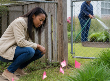 Woman examining pink survey flags near her side gate in suburban backyard.