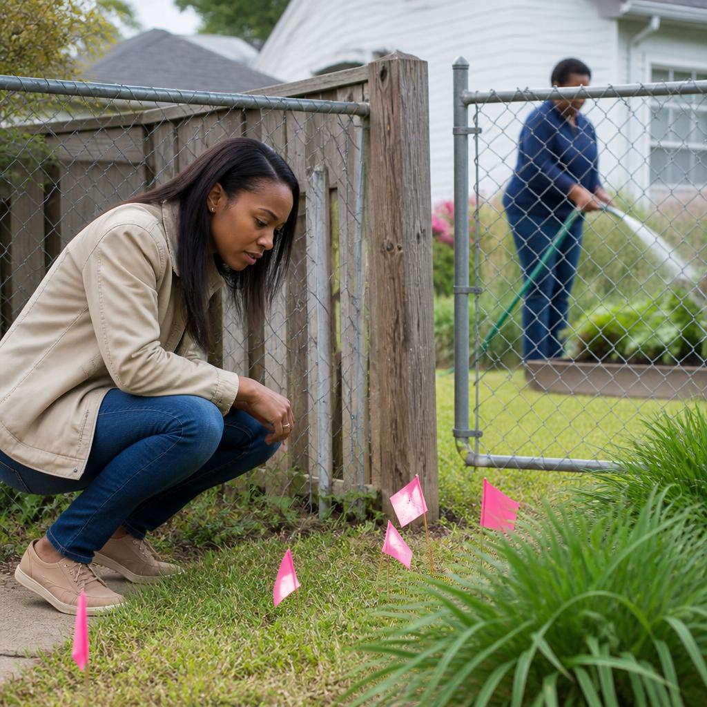 Woman examining pink survey flags near her side gate in suburban backyard.