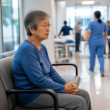 Older East Asian woman anxiously waiting in hospital emergency room