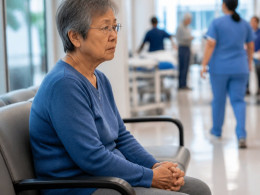 Older East Asian woman anxiously waiting in hospital emergency room