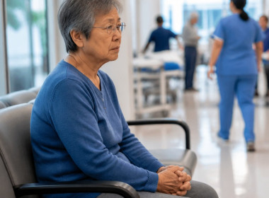 Older East Asian woman anxiously waiting in hospital emergency room