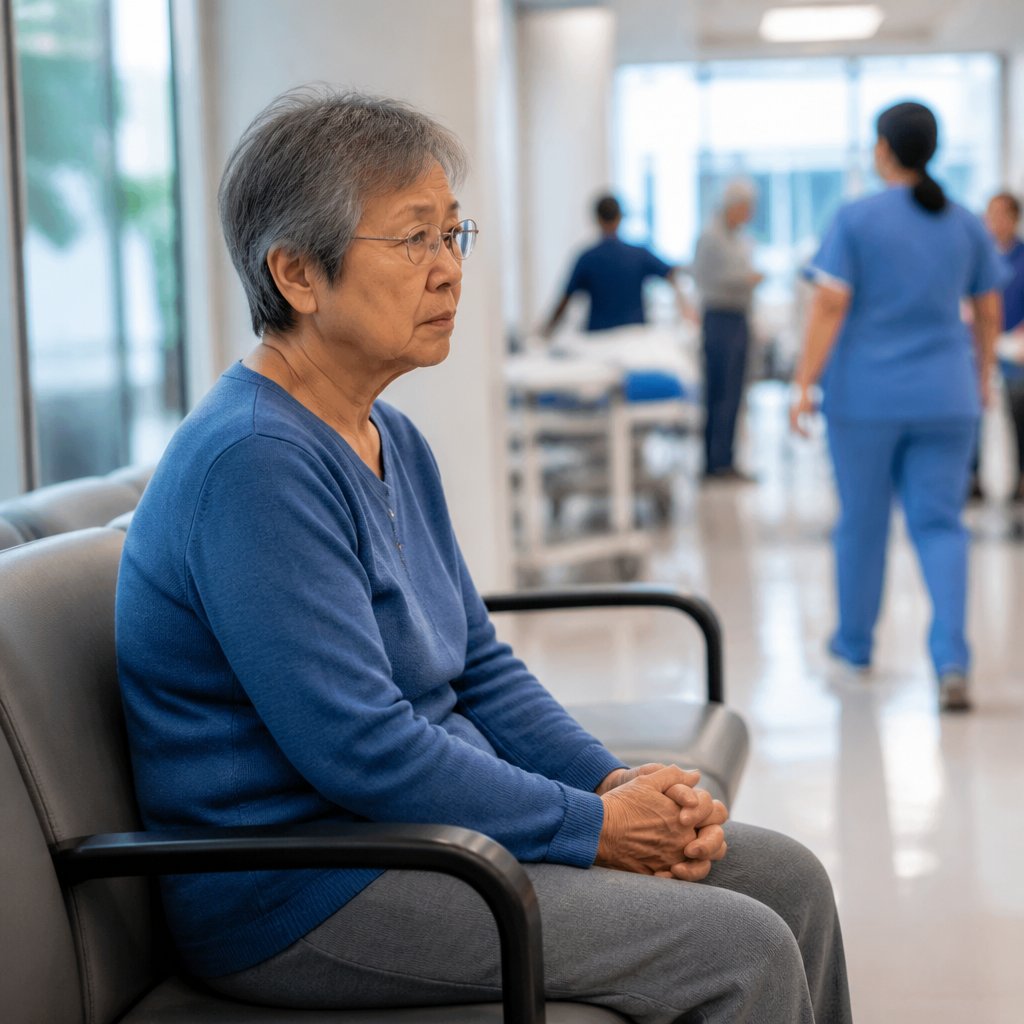 Older East Asian woman anxiously waiting in hospital emergency room