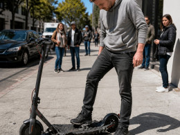 Man inspects melting deck of electric scooter on sidewalk, looking concerned.