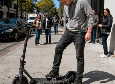 Man inspects melting deck of electric scooter on sidewalk, looking concerned.