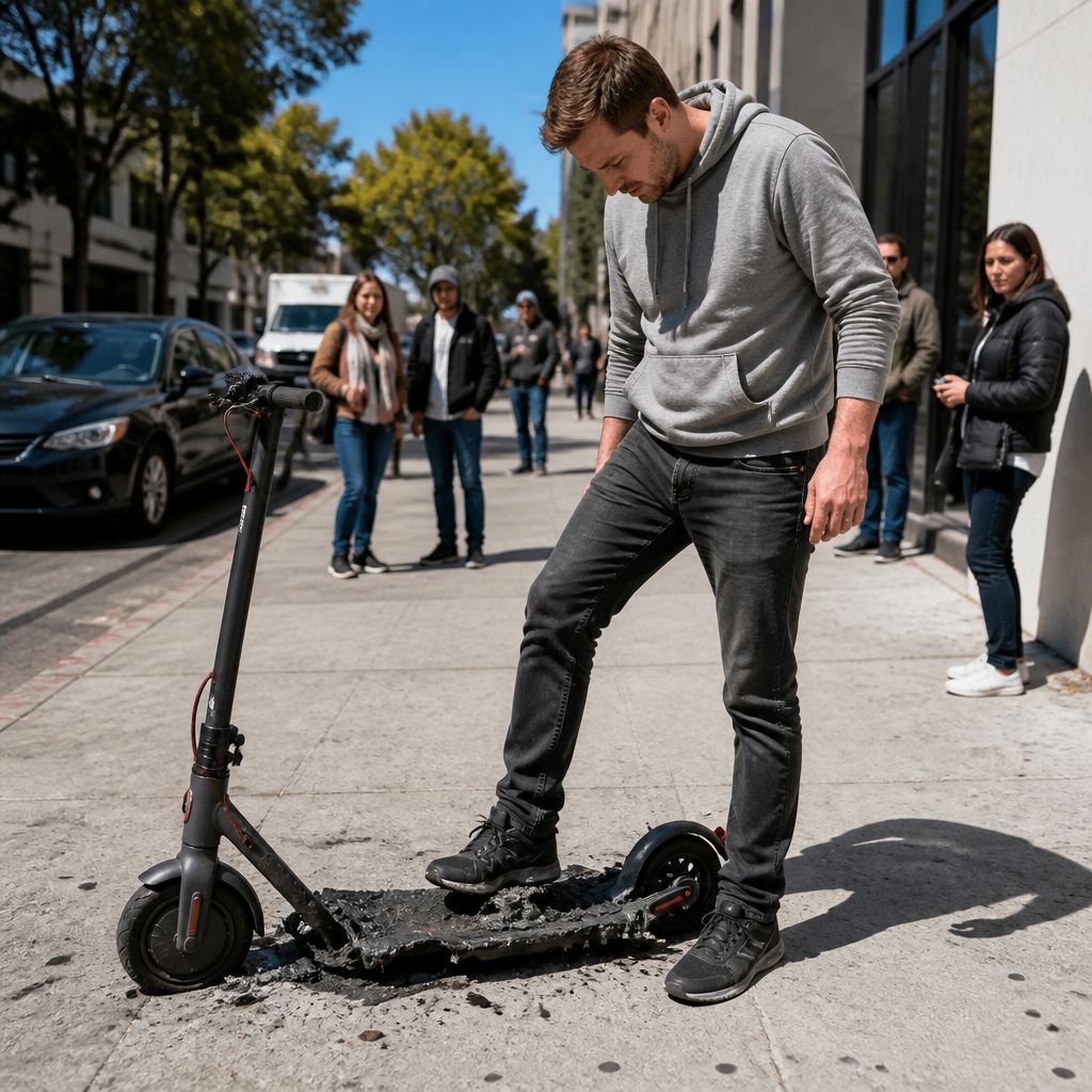 Man inspects melting deck of electric scooter on sidewalk, looking concerned.