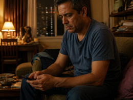 A man sitting on a couch holding his phone, looking tired and frustrated, with a laptop nearby and city lights outside the window.