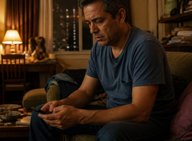 A man sitting on a couch holding his phone, looking tired and frustrated, with a laptop nearby and city lights outside the window.