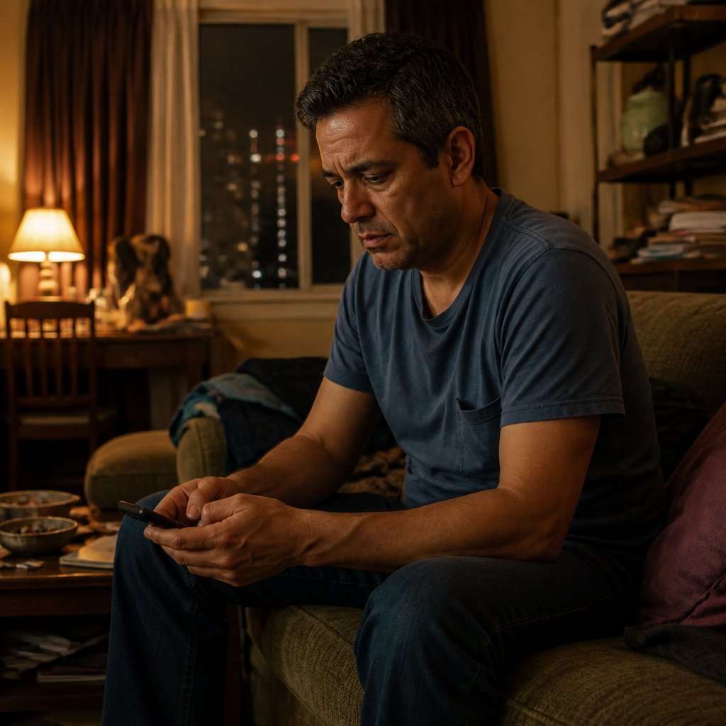 A man sitting on a couch holding his phone, looking tired and frustrated, with a laptop nearby and city lights outside the window.