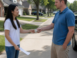 Woman handing cash and a paper bill of sale to a man in a driveway.