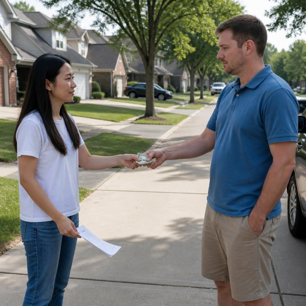 Woman handing cash and a paper bill of sale to a man in a driveway.