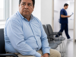 A concerned heavyset Latino man waits in a clinic lobby as a technician passes by a lab door.