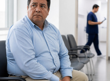A concerned heavyset Latino man waits in a clinic lobby as a technician passes by a lab door.