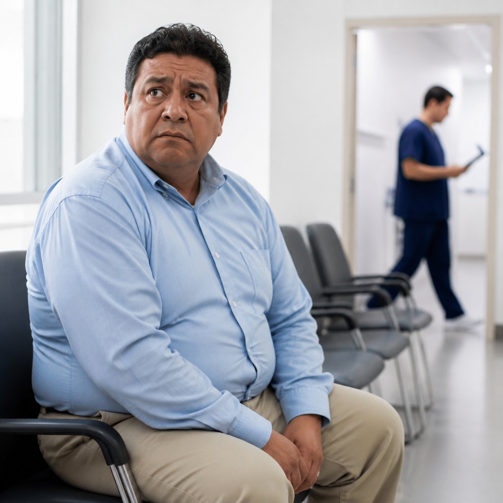 A concerned heavyset Latino man waits in a clinic lobby as a technician passes by a lab door.