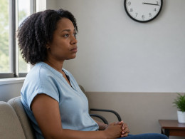 Woman sitting in a clinic waiting room looking tired and uncertain, with a clock on the wall behind her.