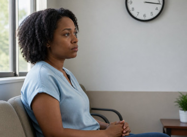 Woman sitting in a clinic waiting room looking tired and uncertain, with a clock on the wall behind her.