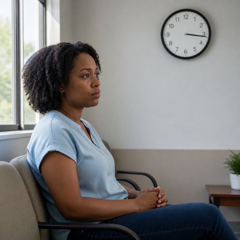 Woman sitting in a clinic waiting room looking tired and uncertain, with a clock on the wall behind her.