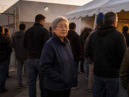 Older East Asian woman with gray hair and glasses waiting in line outside a security tent at dawn, surrounded by coworkers.